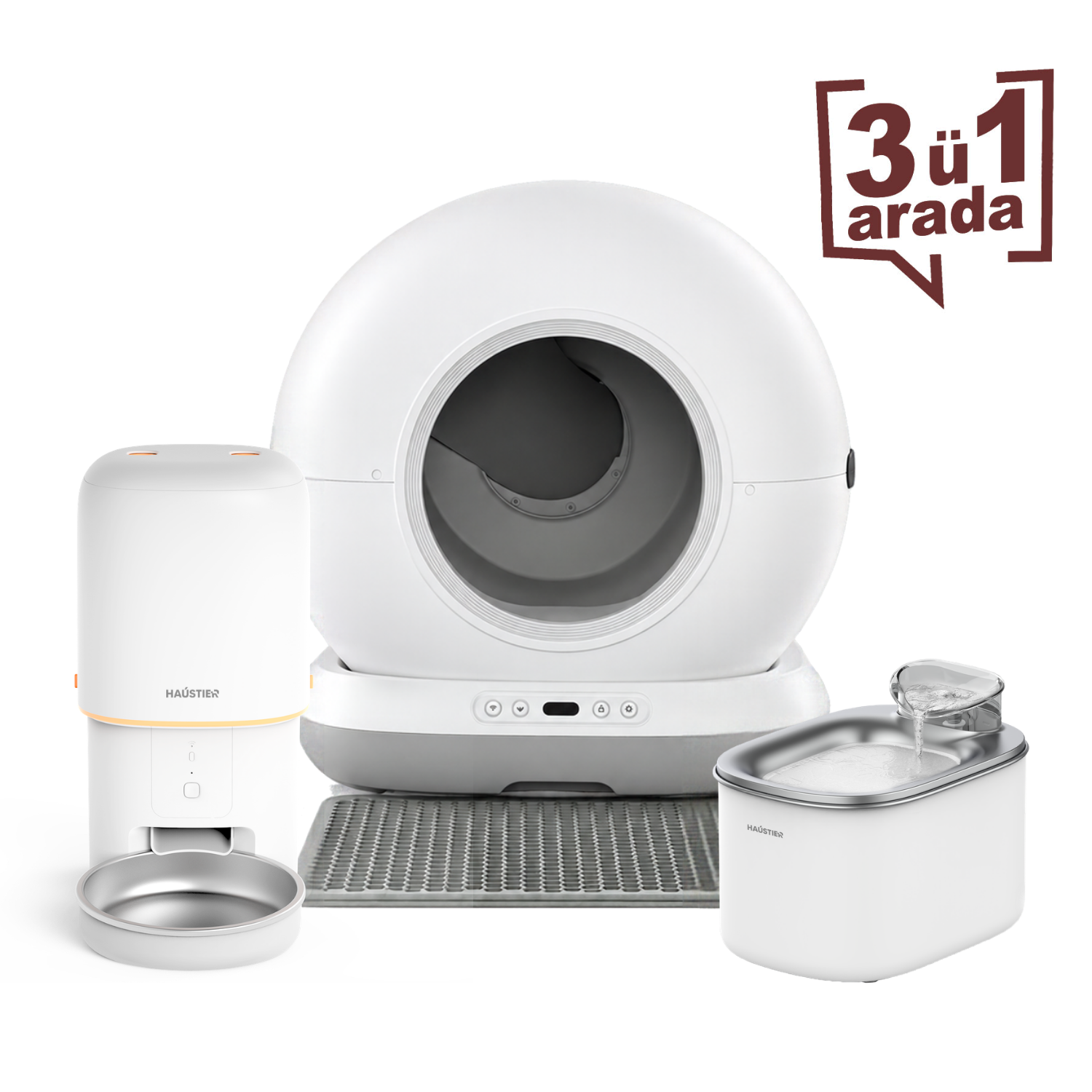 Haustier CB001 Gri Kedi Tuvaleti PF02 Beyaz Mama Kabı WF007L Beyaz Kedi Suluğu 3 lü Set Haustier Türkiye Garantili